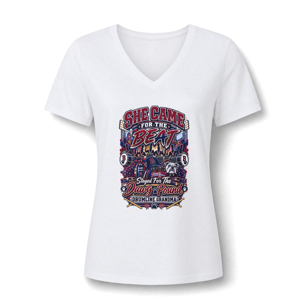 She Came for the Beat V-Neck Tee – Drumline Grandma Music Festival Shirt