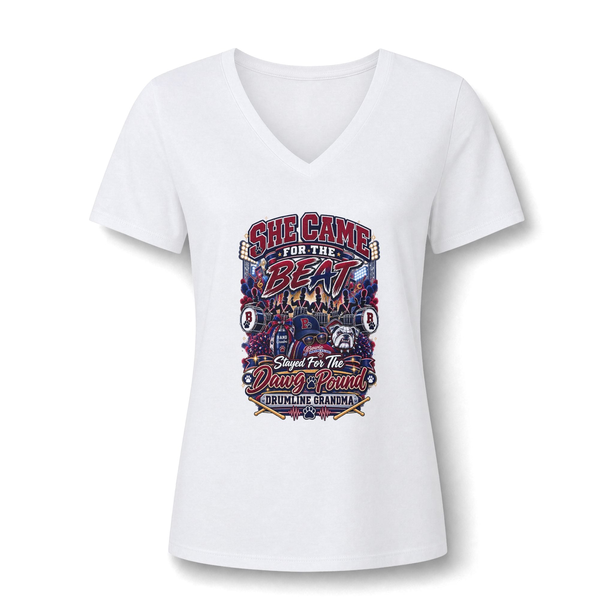 She Came for the Beat V-Neck Tee – Drumline Grandma Music Festival Shirt