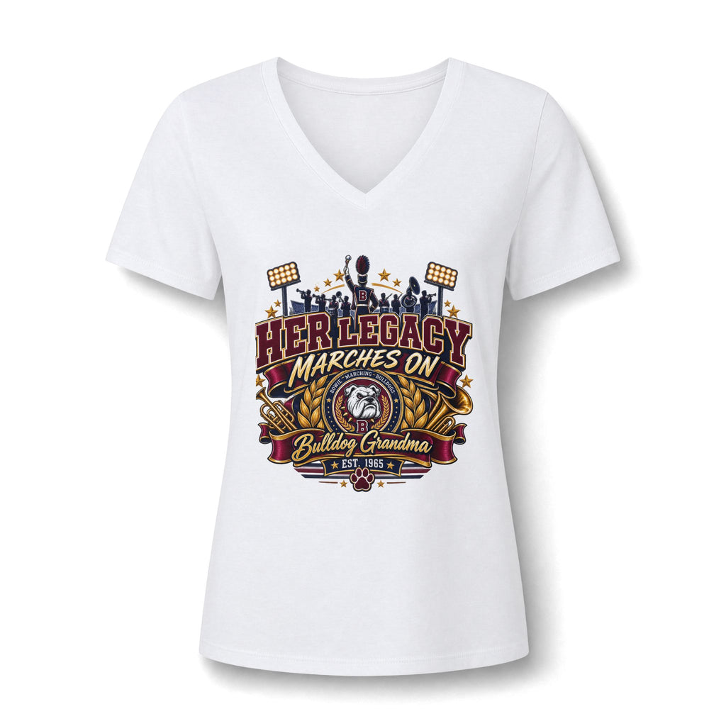 Her Legacy Marches On V-Neck Tee — Bulldog Grandma Spirit Shirt