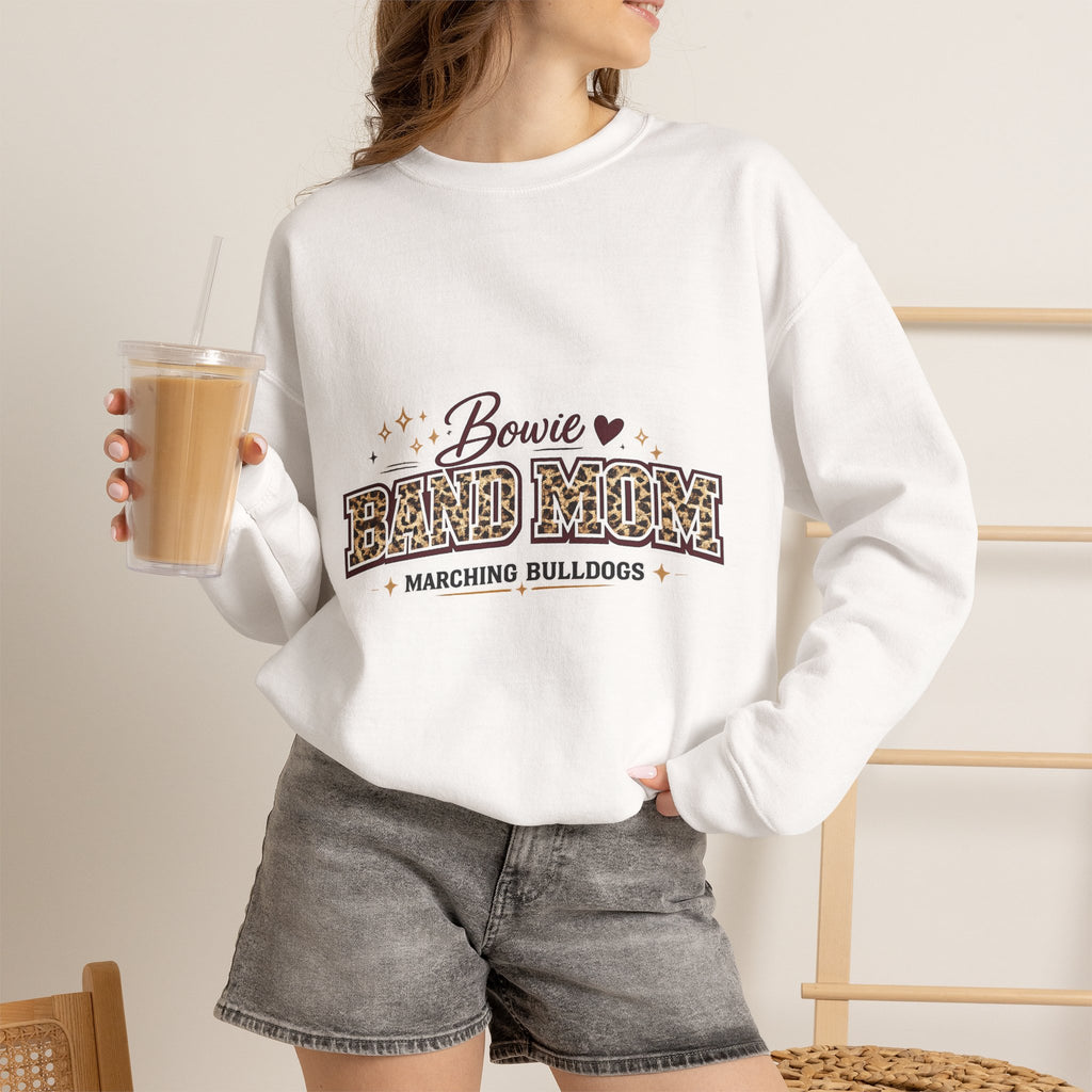 Band Mom Crewneck Sweatshirt — Bowie Marching Bulldogs Leopard Print