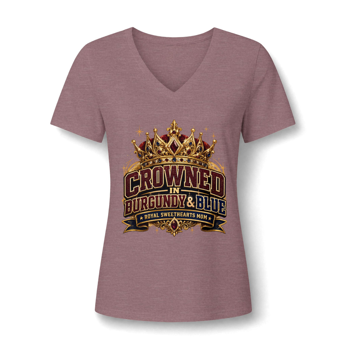 Crowned in Burgundy & Blue V‑Neck Tee — Royal Queen Graphic Shirt