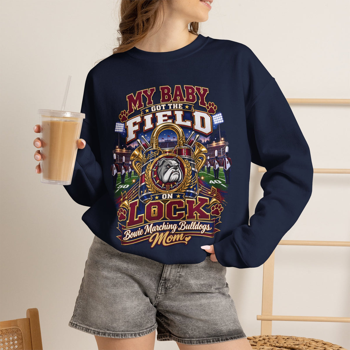 Field Hockey Mom Crewneck Sweatshirt — "My Baby Got the Field on Lock" Graphic