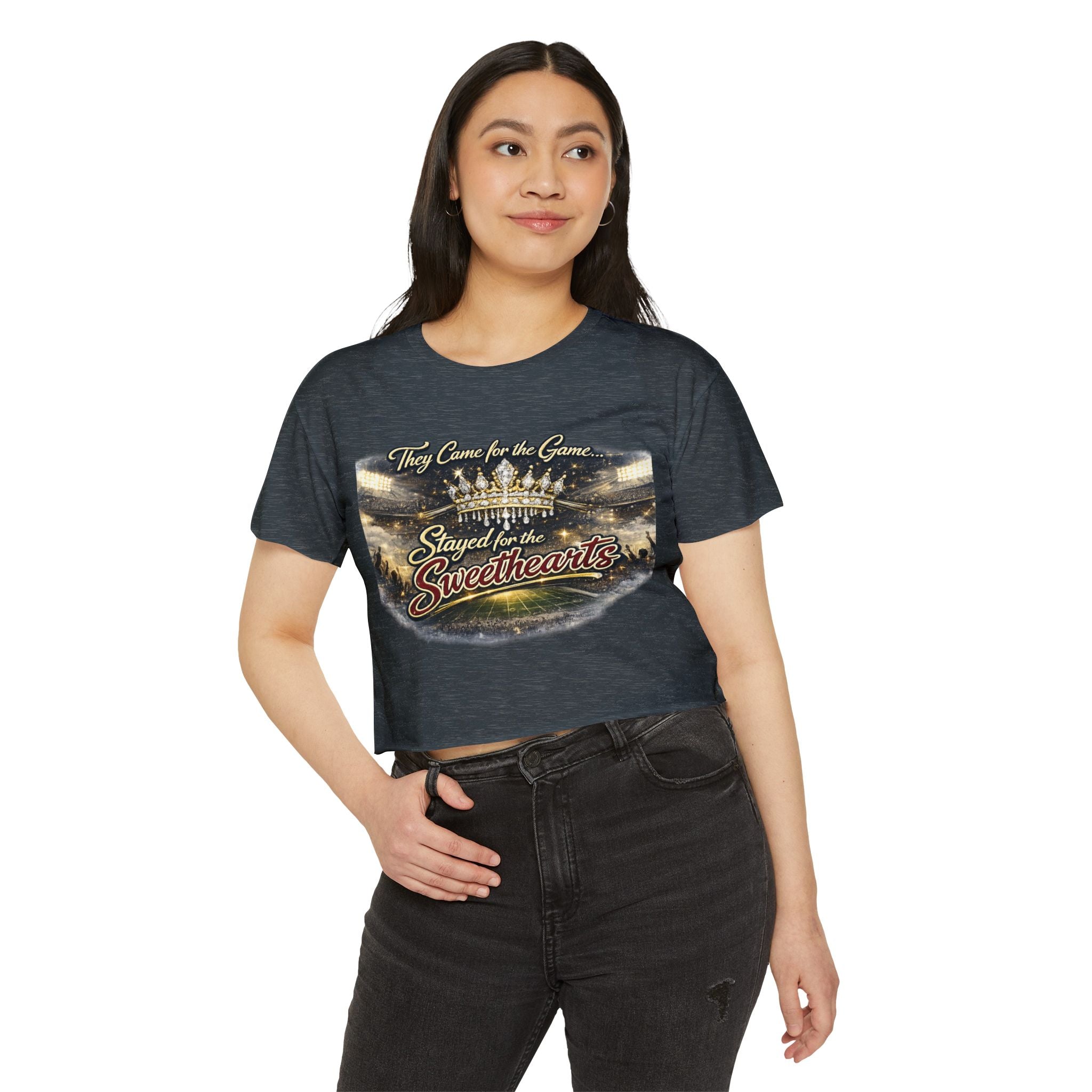 Women's Festival Crop Top — "They Came for the Game, Stayed for the Sweethearts" Crown Graphic