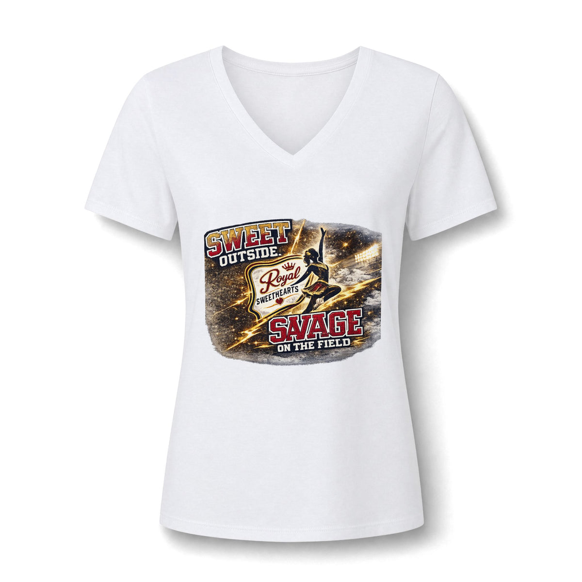 Women's V-Neck Tee — "Sweet Outside, Savage on the Field" Graphic Baseball Softball Shirt