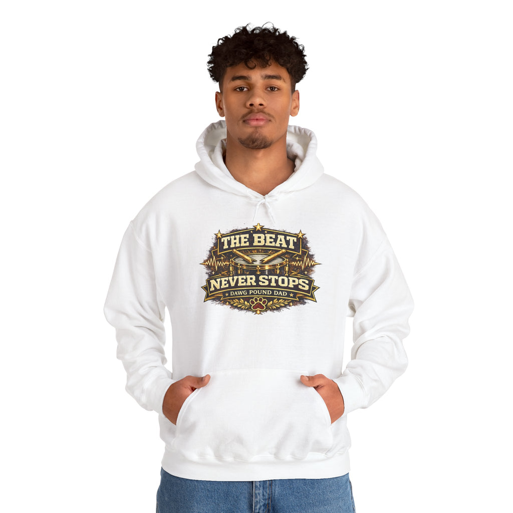 Hoodie — "The Beat Never Stops" Vintage Music Graphic Pullover