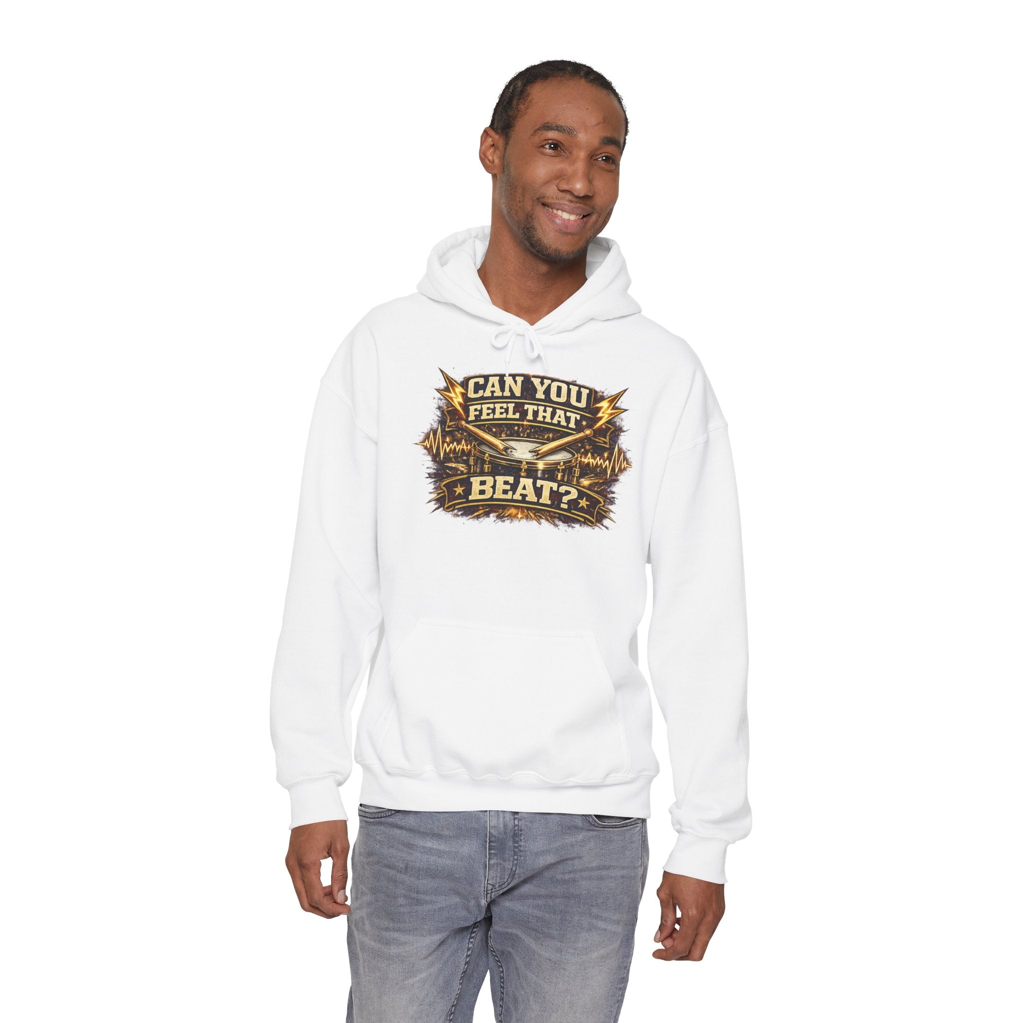 Can You Feel That Beat? Hoodie – Retro Drum & Music Graphic Pullover