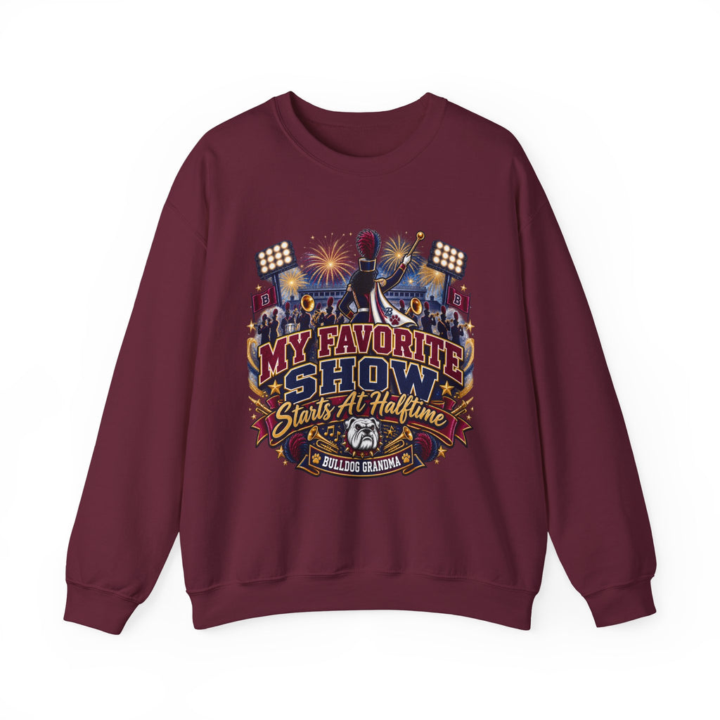 Crewneck Sweatshirt — 'My Favorite Show Starts at Halftime' Marching Band Graphic