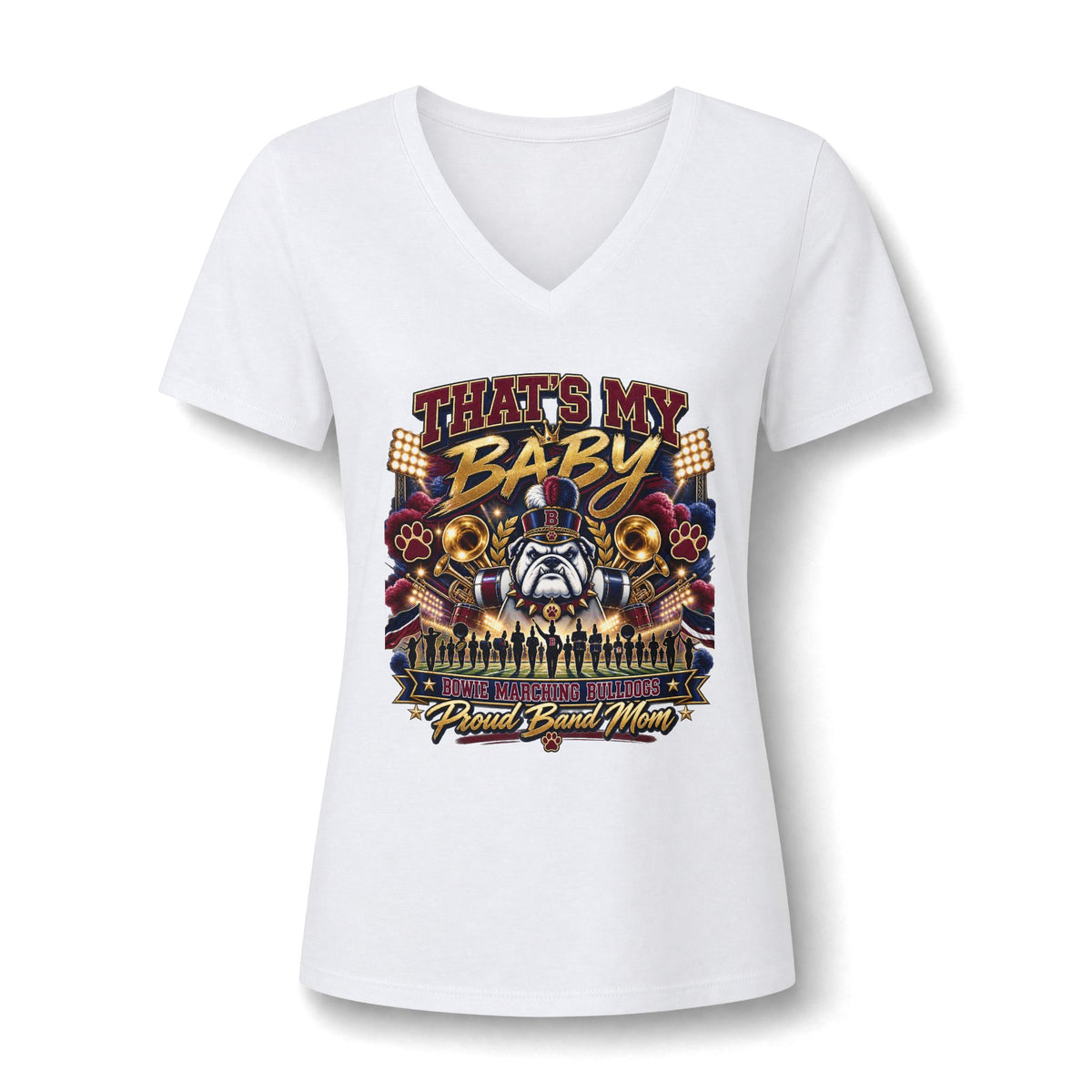 Women's V-Neck Tee — "That's My Baby" Proud Band Mom Graphic