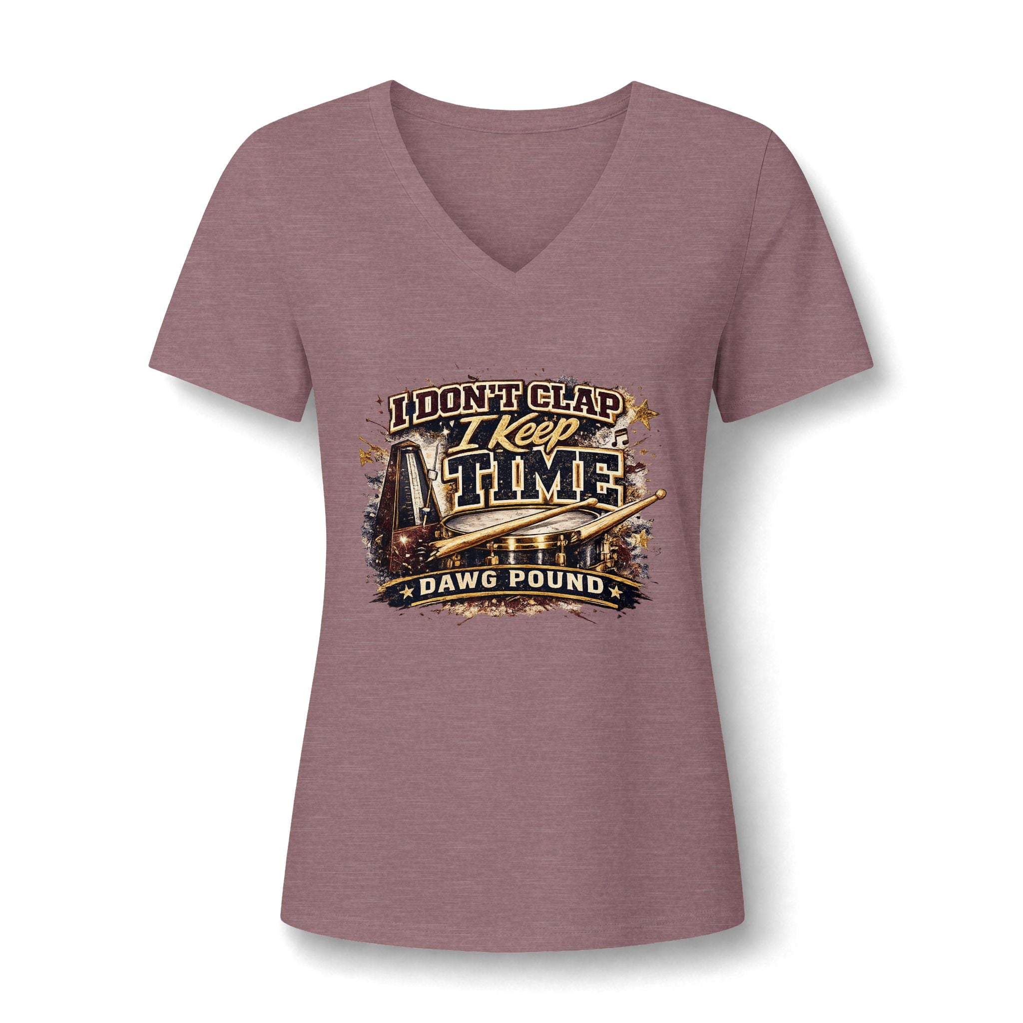 Dawg Pound V-Neck Tee — "I Don't Clap, I Keep Time" Women's Football Fan Shirt