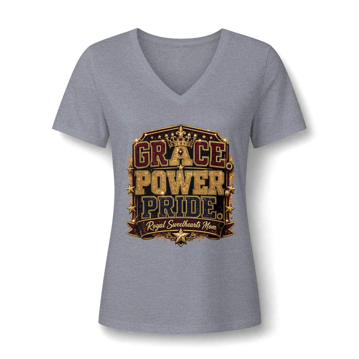 Grace Power Pride V-Neck Tee — "Royal Sweetheart Mom" Graphic Women's Shirt