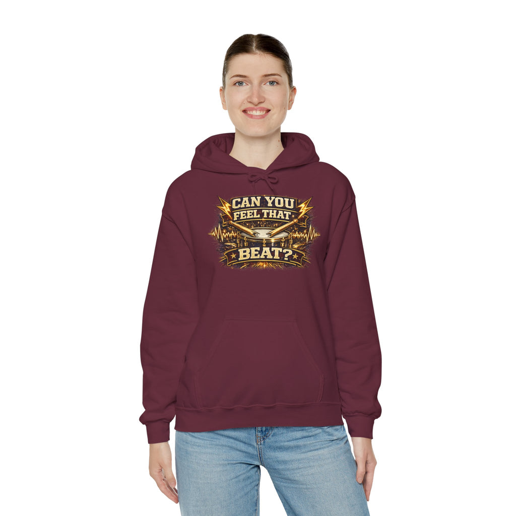 Can You Feel That Beat? Hoodie – Retro Drum & Music Graphic Pullover