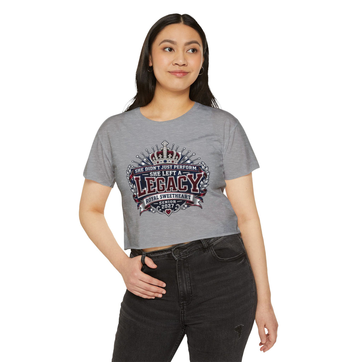 Festival Crop Top — "She Left a Legacy" Royal Sweetheart Senior 2027 Graphic
