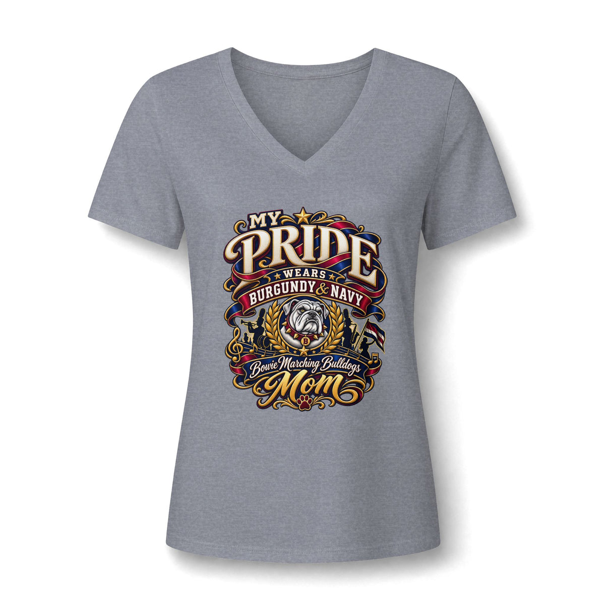 Bulldog Mom V-Neck Tee — My Pride Wears Burgundy & Navy Graphic Shirt