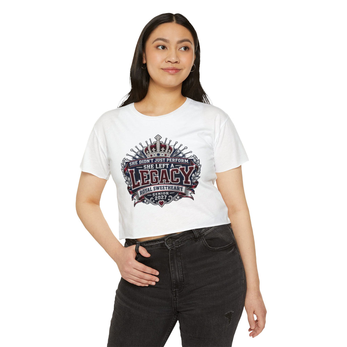 Festival Crop Top — "She Left a Legacy" Royal Sweetheart Senior 2027 Graphic