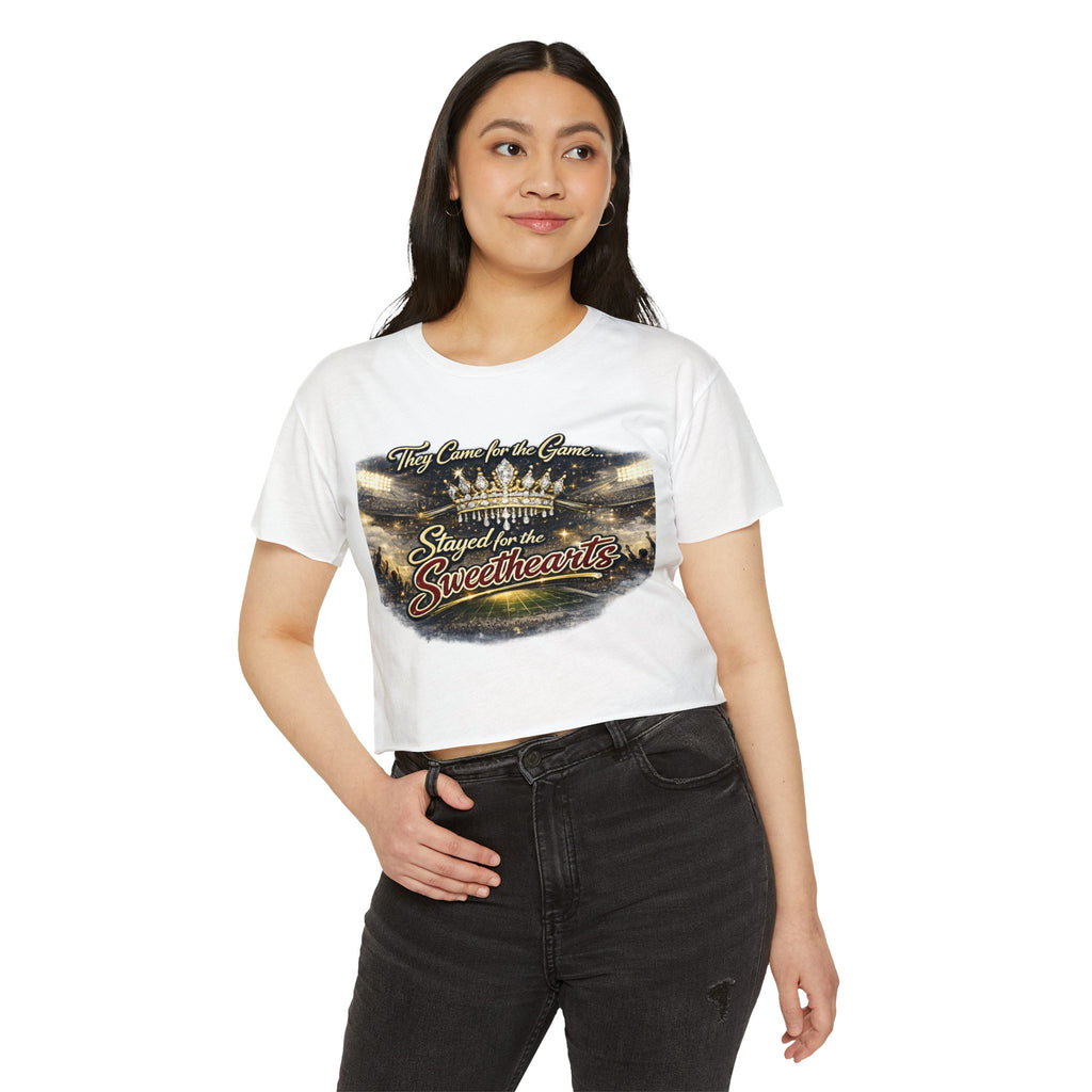 Women's Festival Crop Top — "They Came for the Game, Stayed for the Sweethearts" Crown Graphic