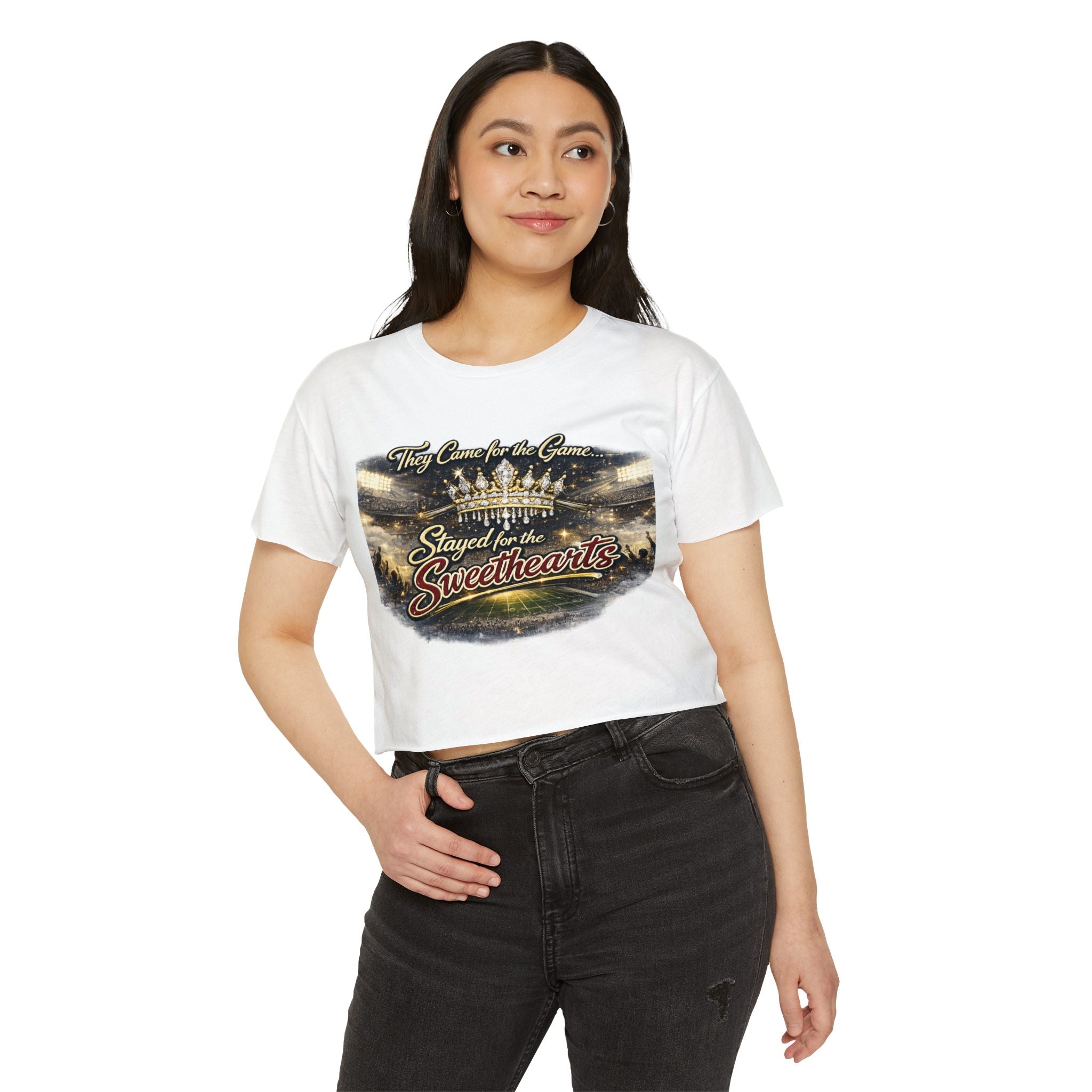 Women's Festival Crop Top — "They Came for the Game, Stayed for the Sweethearts" Crown Graphic
