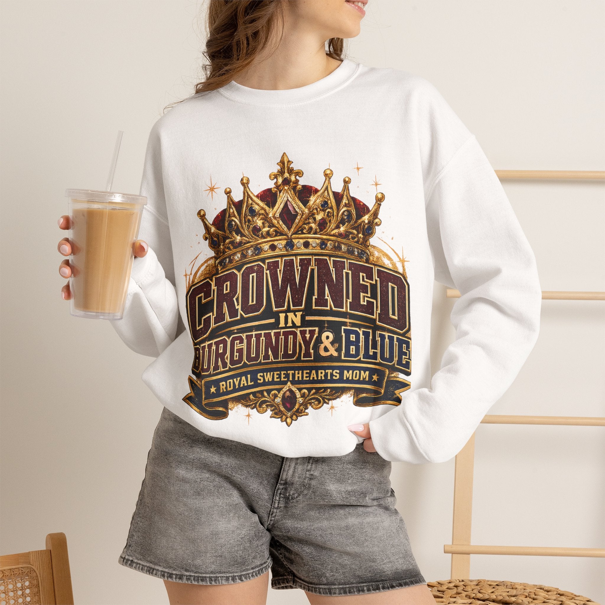 Crowned in Burgundy & Blue Crewneck Sweatshirt — Vintage Royal Crown Graphic