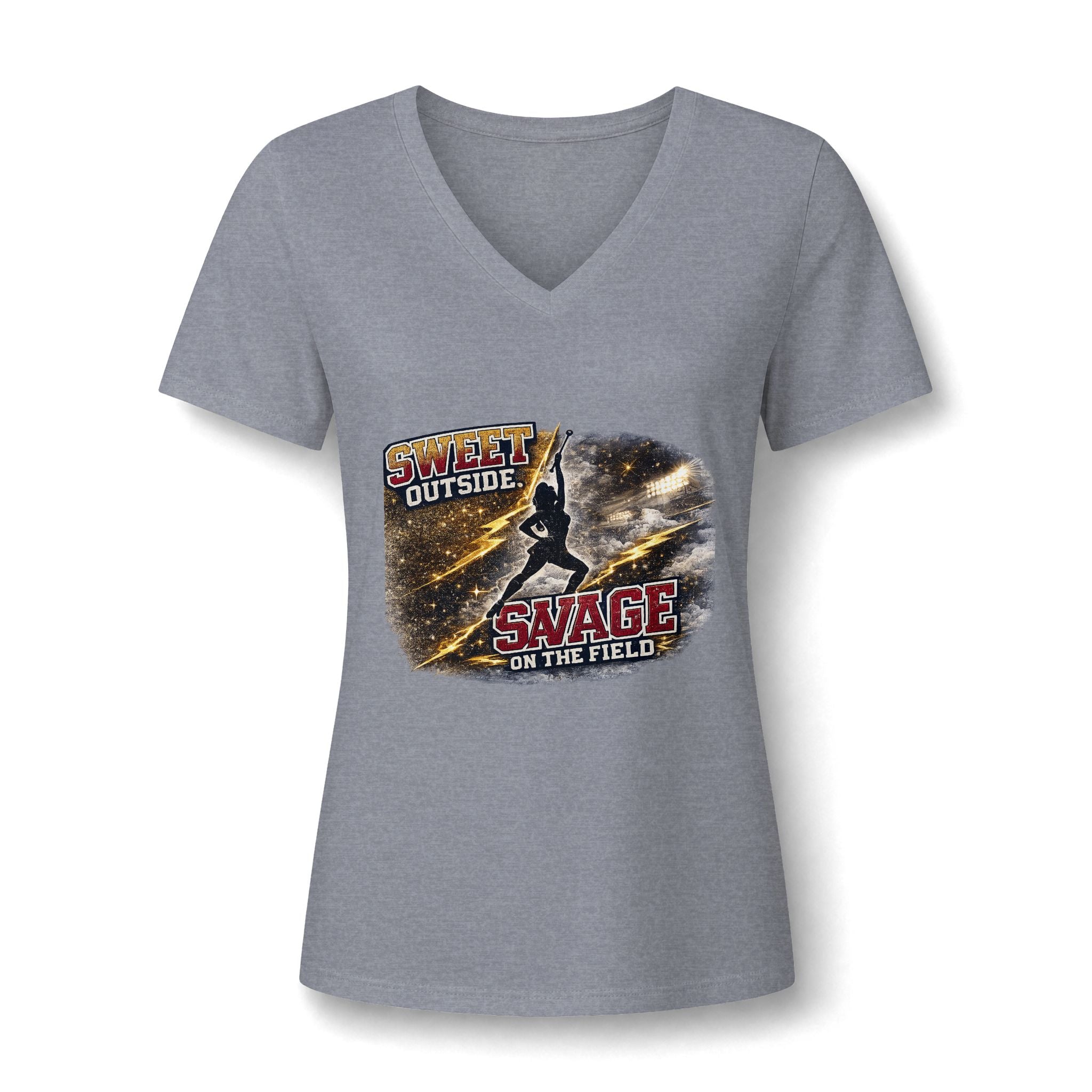 Women's V-Neck Tee — "Sweet Outside, Savage on the Field" Graphic Baseball Softball Shirt