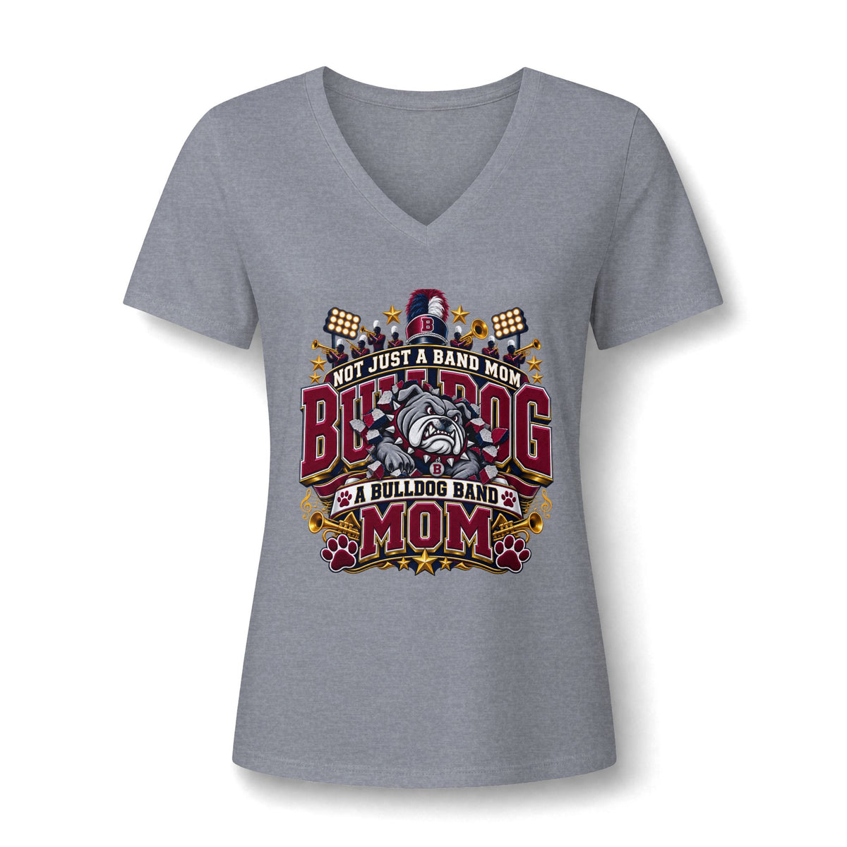 Bulldog Band Mom V-Neck Tee – "Not Just a Band Mom" Cheer Shirt for Game Days