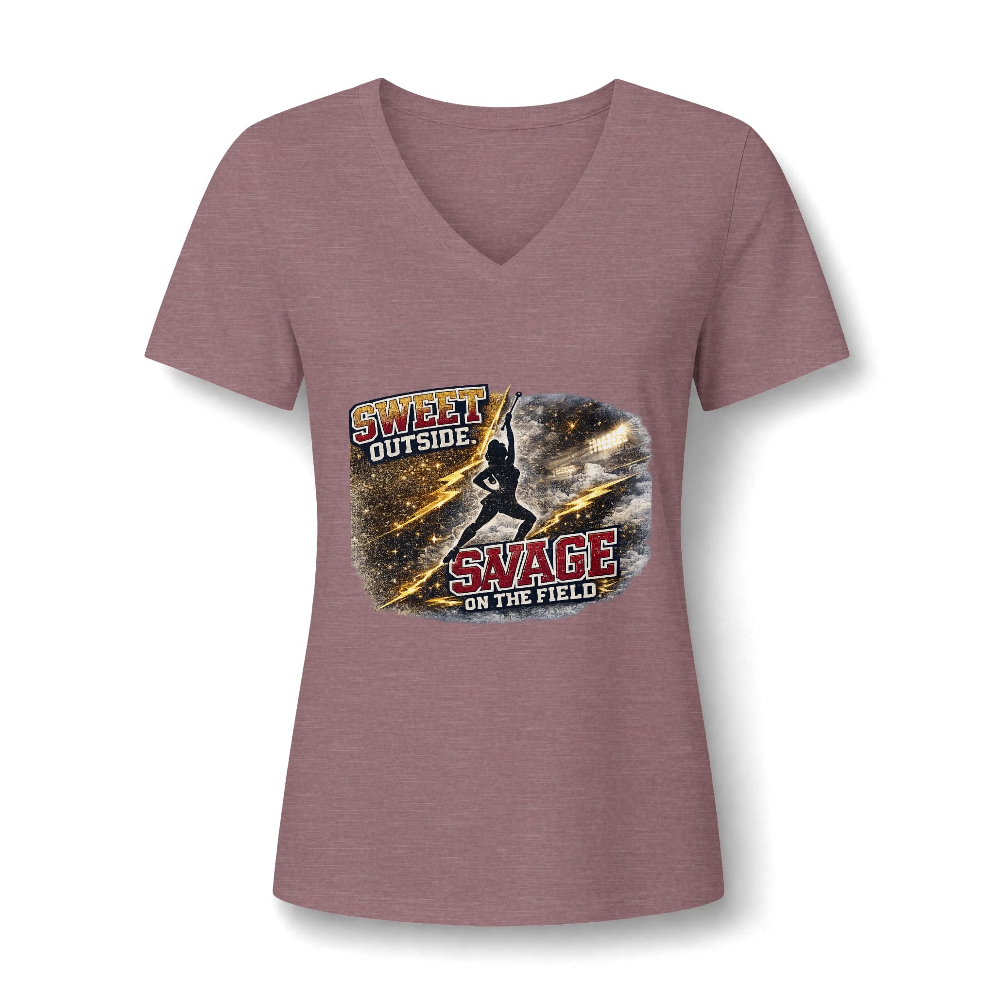 Women's V-Neck Tee — "Sweet Outside, Savage on the Field" Graphic Baseball Softball Shirt
