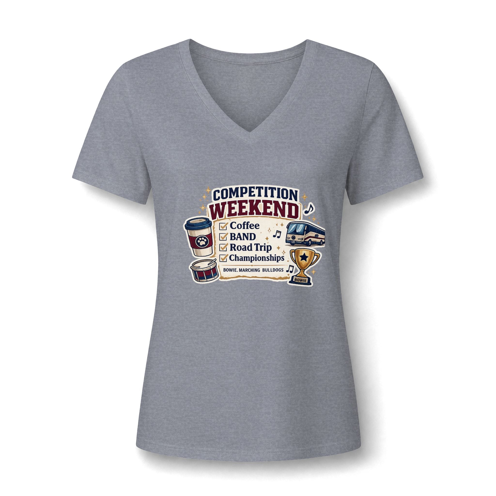 Competition Weekend V-Neck Tee — Coffee, Band, Road Trip Design for Marching/Band Moms
