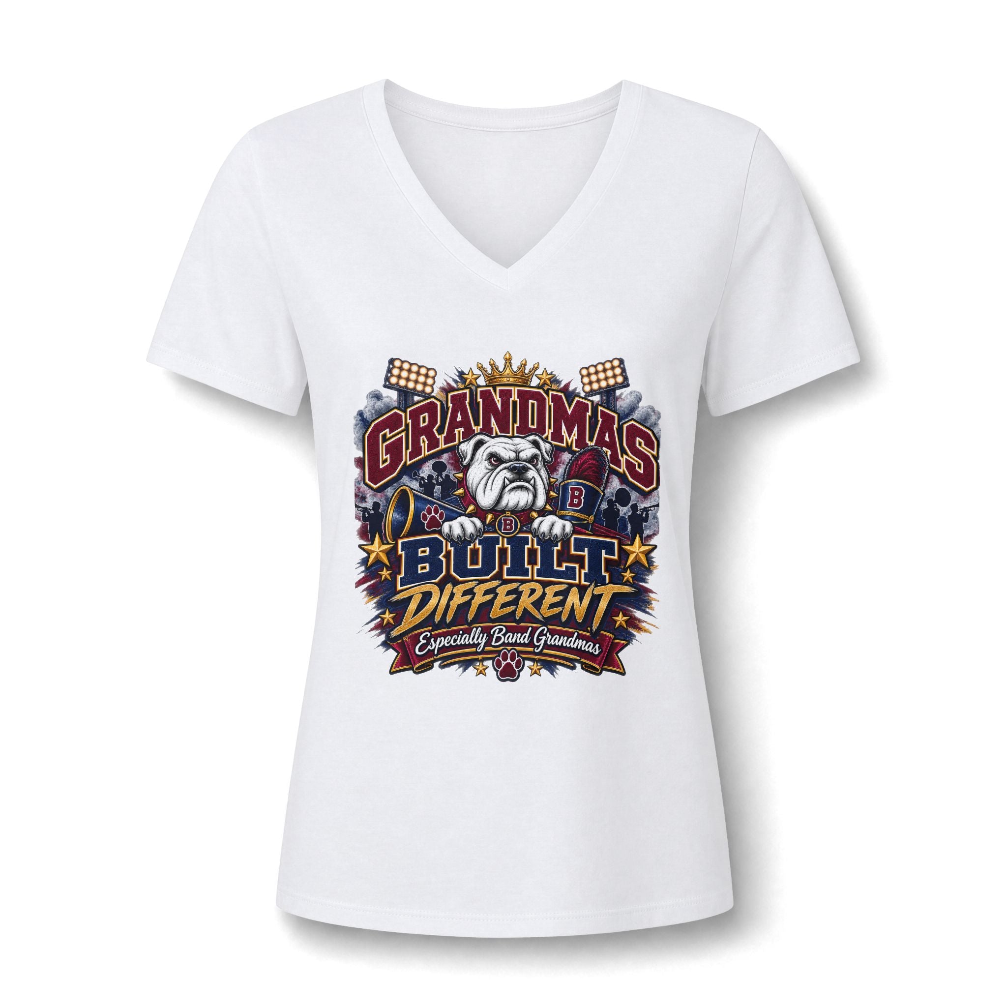 Grandmas Built Different V-Neck Tee — Funny Bulldog Graphic for Proud Grandmothers
