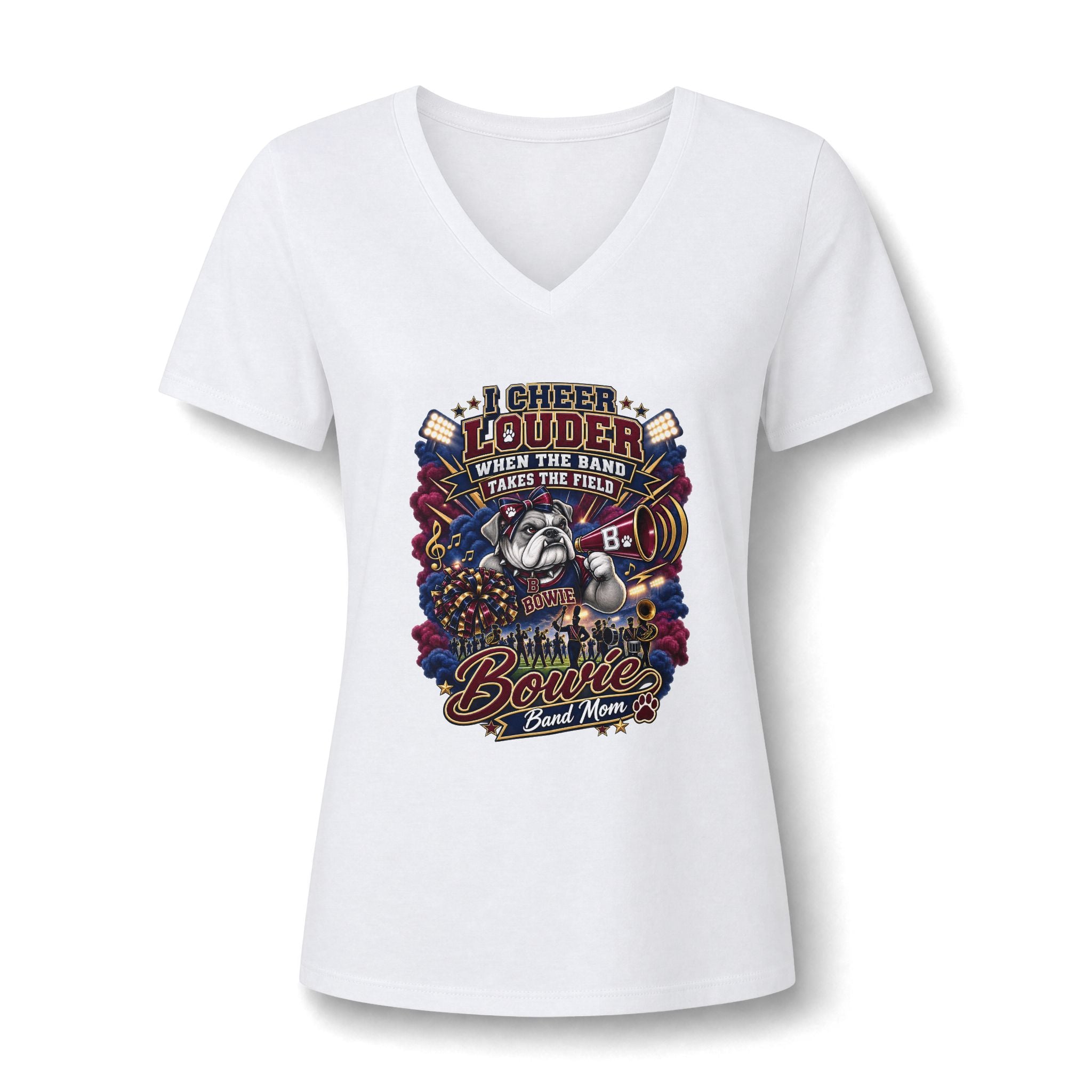 Women's V-Neck Tee — 'Cheer Louder' Bulldog Bowling Team Graphic Shirt