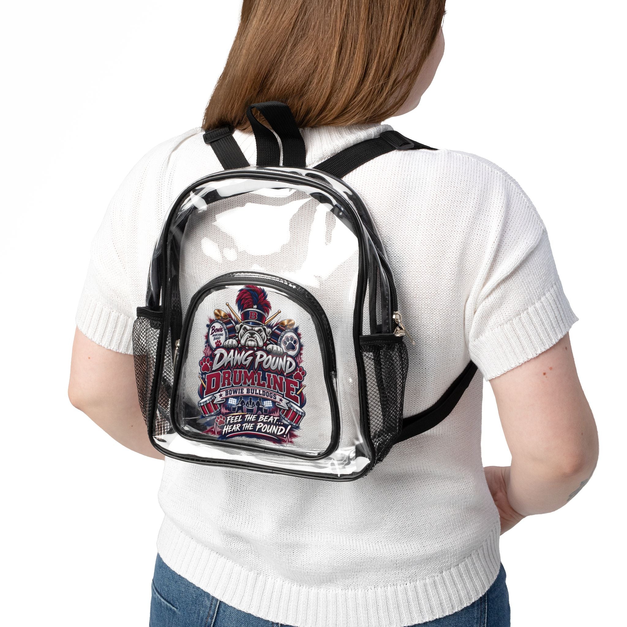 Clear Stadium Backpack with Front Graphic Pocket — 'Dang Pound' Drumming Design