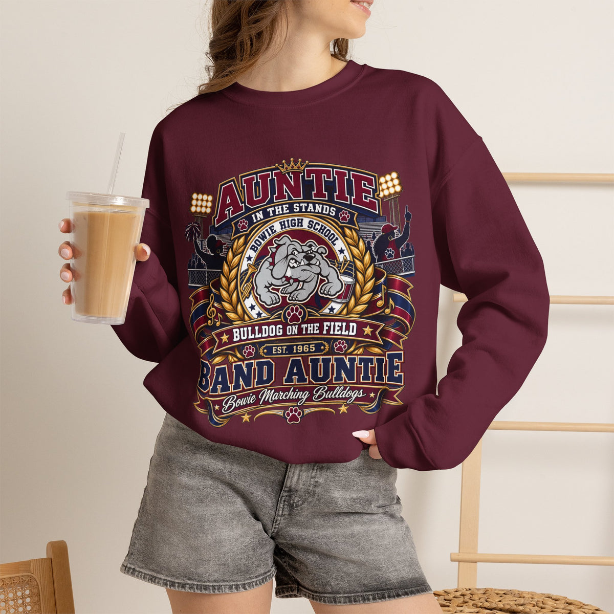 Band Auntie Crewneck Sweatshirt — “Auntie in the Stands, Bulldog in the Field” Football Family Pullover