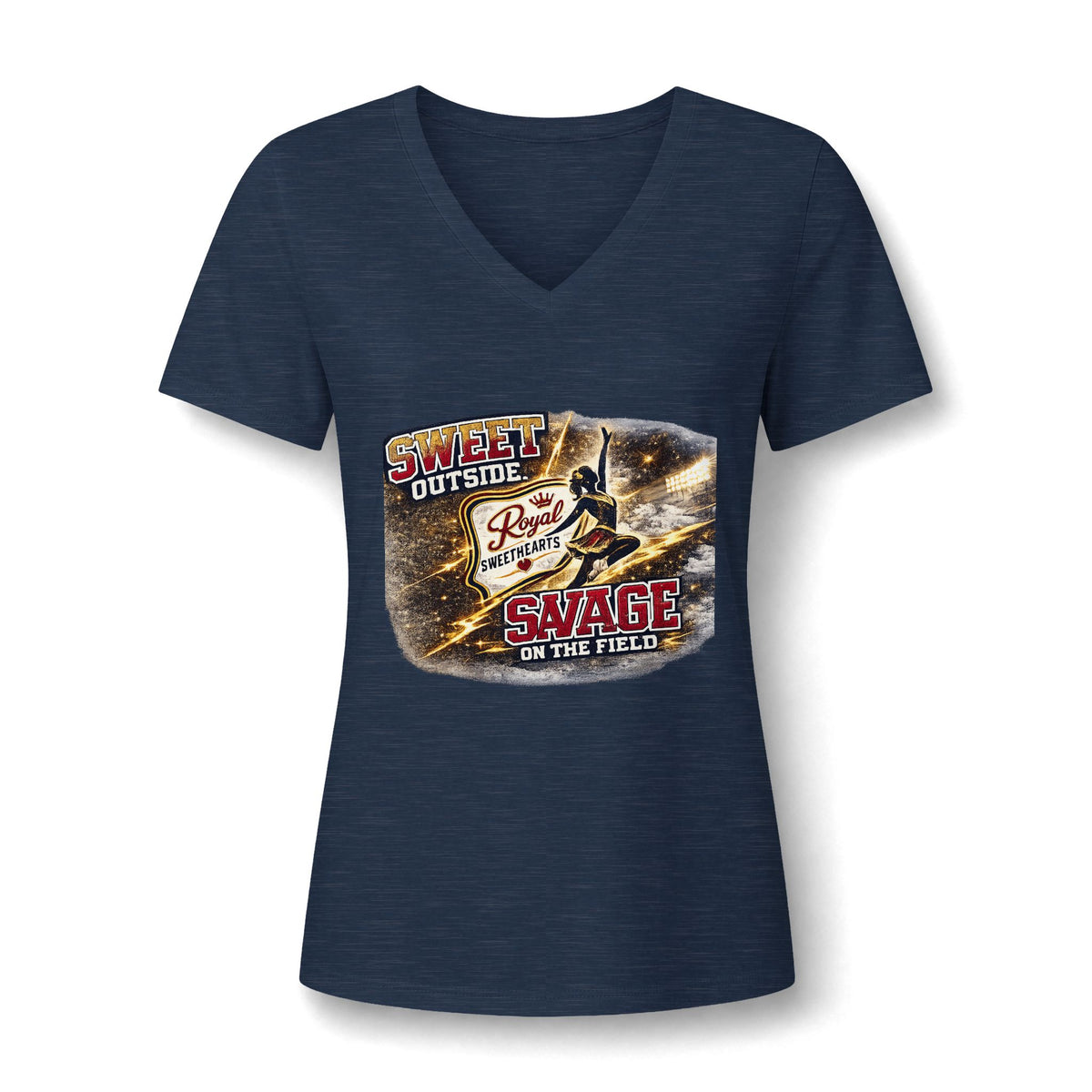 Women's V-Neck Tee — "Sweet Outside, Savage on the Field" Graphic Baseball Softball Shirt