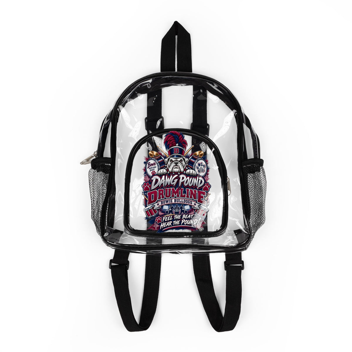 Clear Stadium Backpack with Front Graphic Pocket — 'Dang Pound' Drumming Design