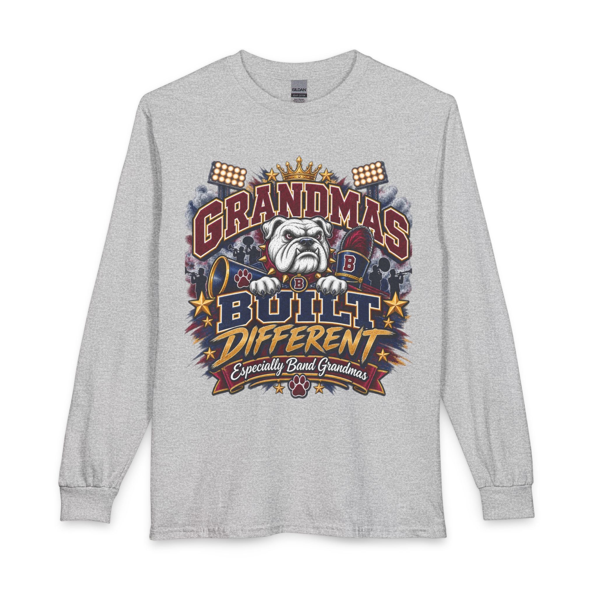 Grandmas Built Different Long Sleeve Tee — Funny Bulldog Graphic Shirt for Band Grandmothers