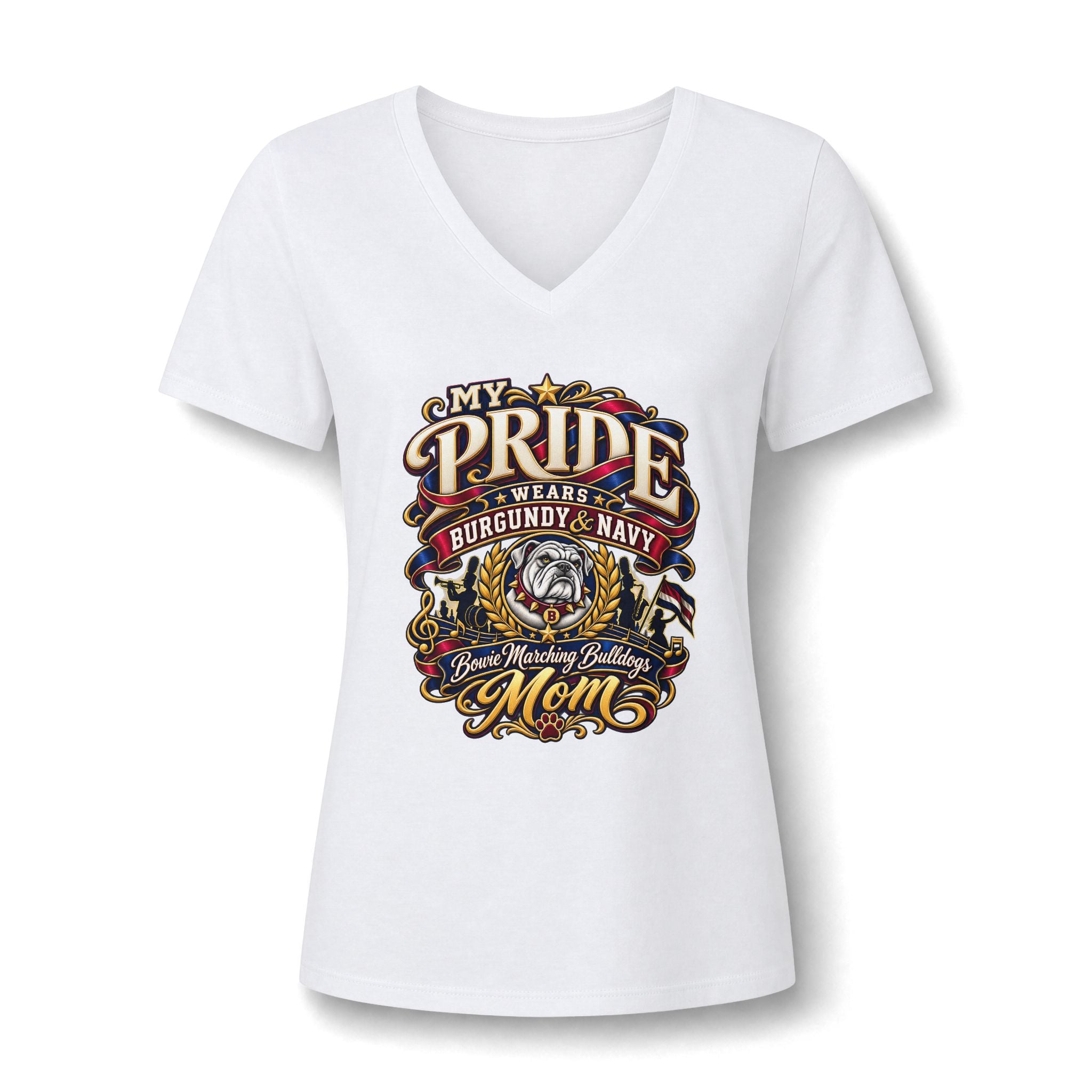 Bulldog Mom V-Neck Tee — My Pride Wears Burgundy & Navy Graphic Shirt