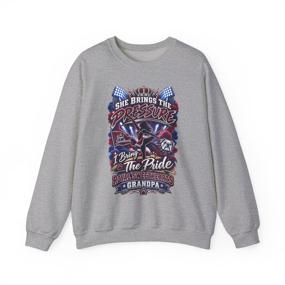 Motorcycle Grandpa Crewneck Sweatshirt — "She Brings the Pressure, I Bring the Pride" Graphic
