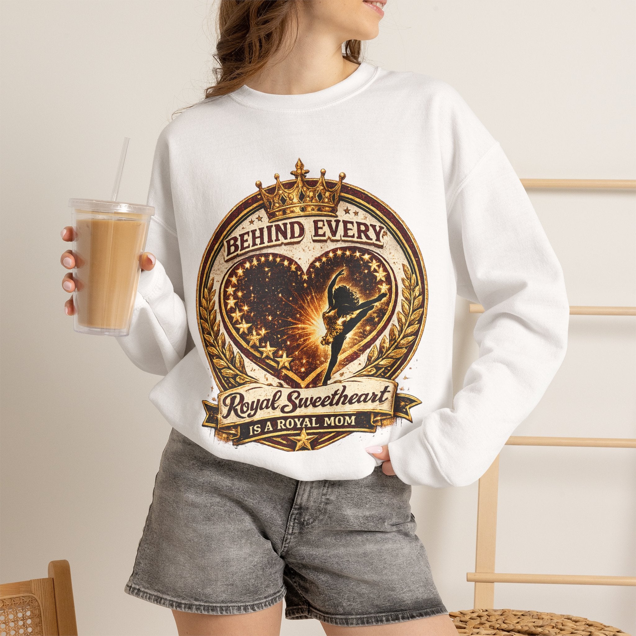 Crewneck Sweatshirt — "Behind Every Royal Sweetheart Is A Royal Mom" Vintage Heart Mom Pullover