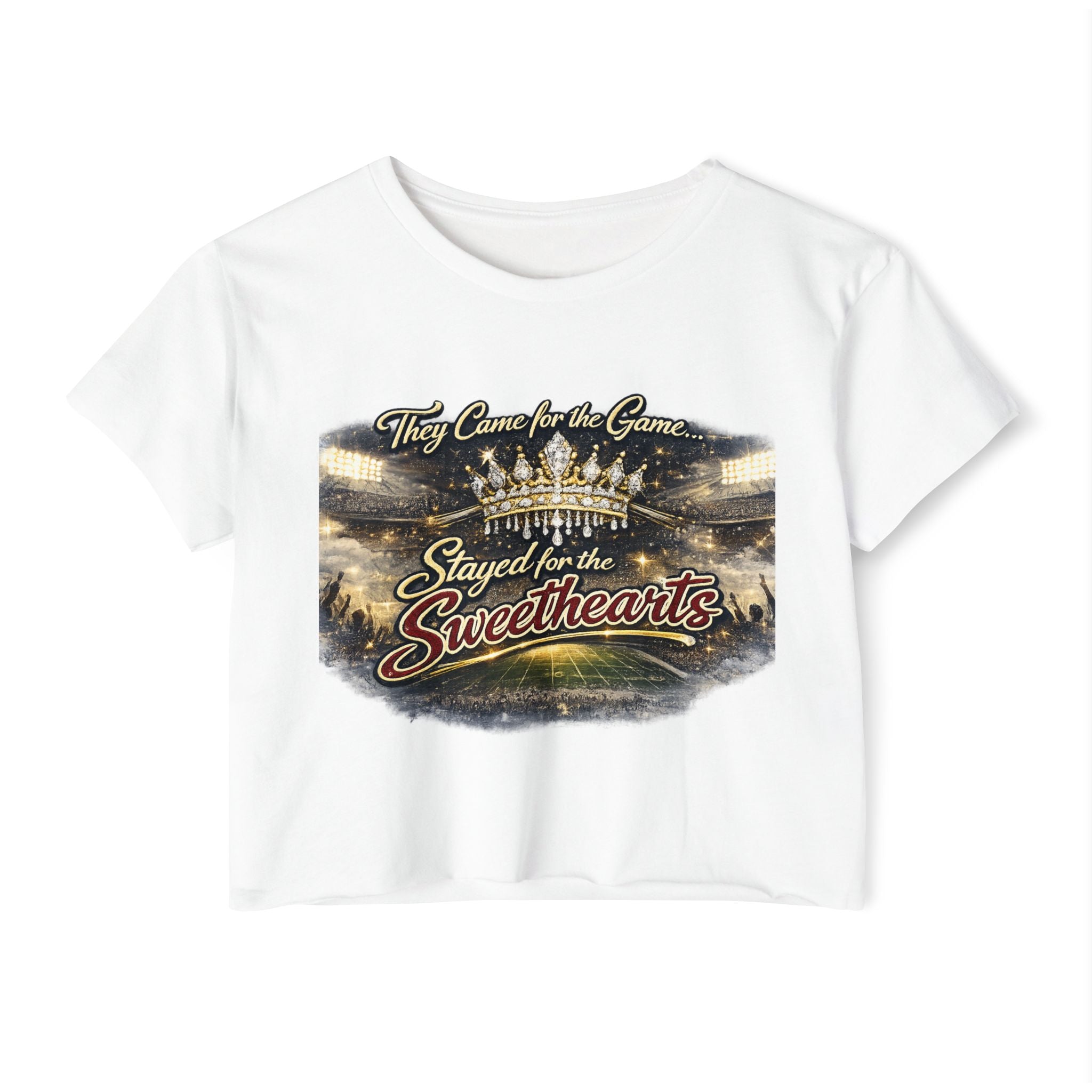 Women's Festival Crop Top — "They Came for the Game, Stayed for the Sweethearts" Crown Graphic