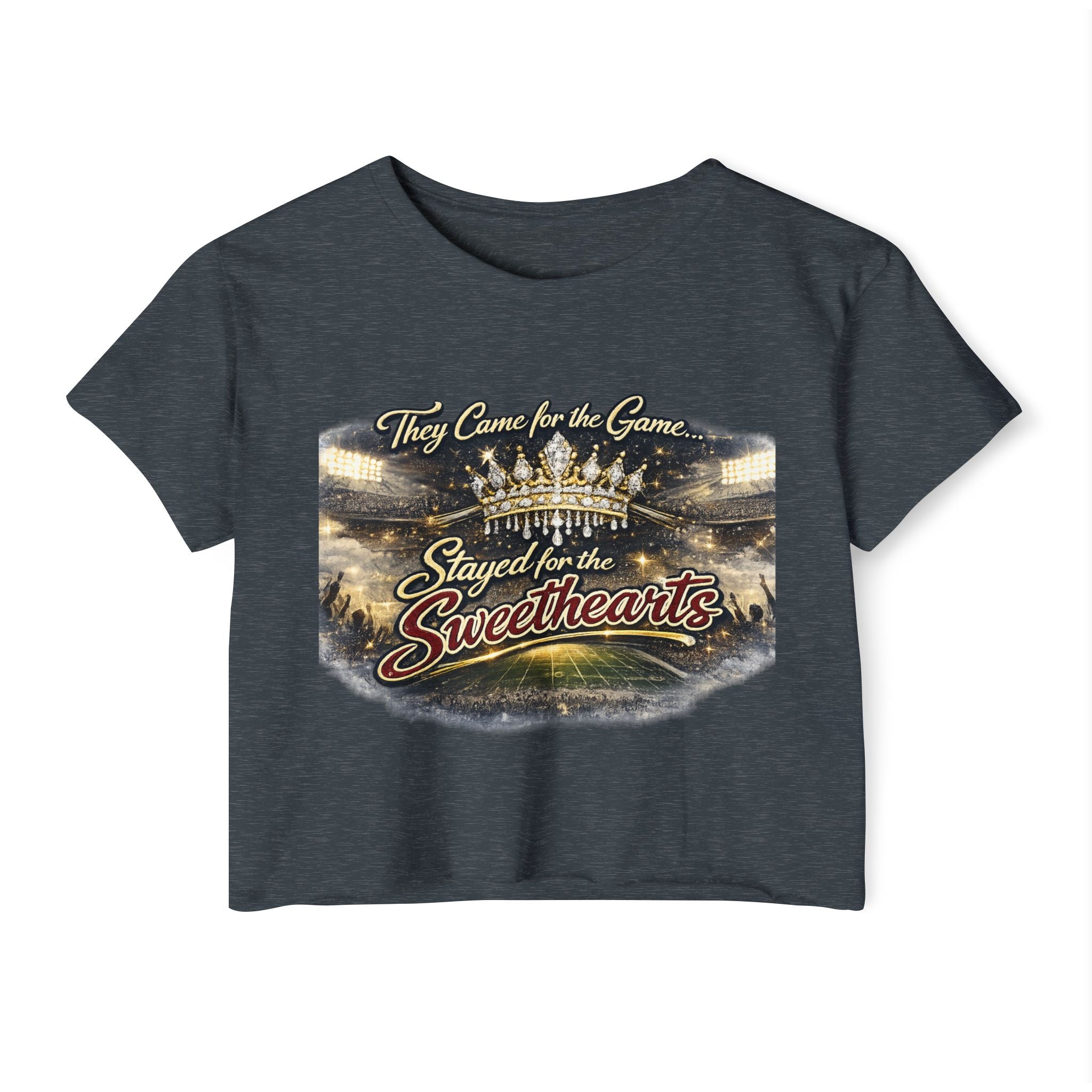 Women's Festival Crop Top — "They Came for the Game, Stayed for the Sweethearts" Crown Graphic