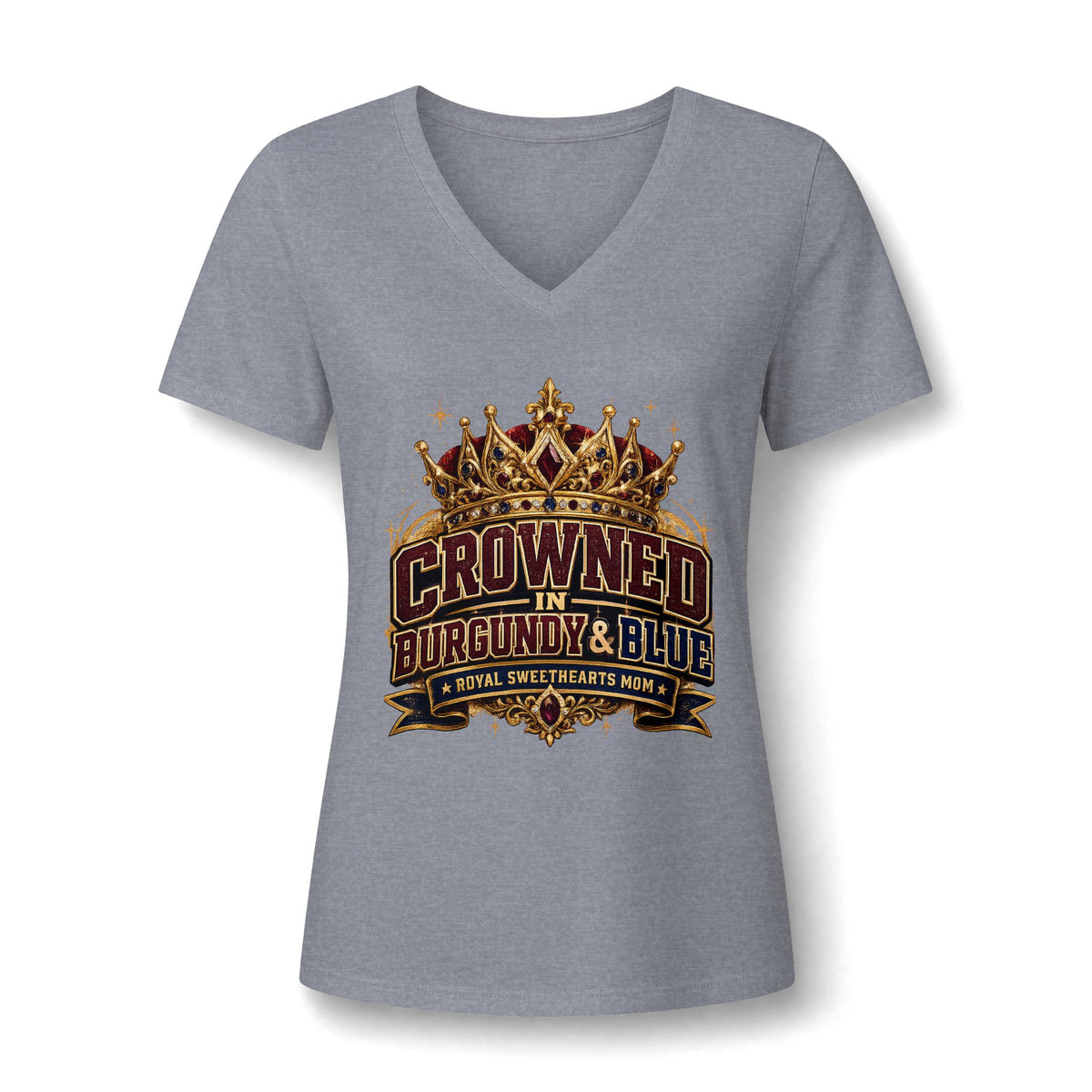 Crowned in Burgundy & Blue V‑Neck Tee — Royal Queen Graphic Shirt