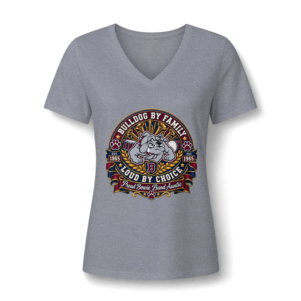 Bulldog Family V-Neck Tee — "Bulldog by Family, Loud by Choice" Graphic Women's T-Shirt