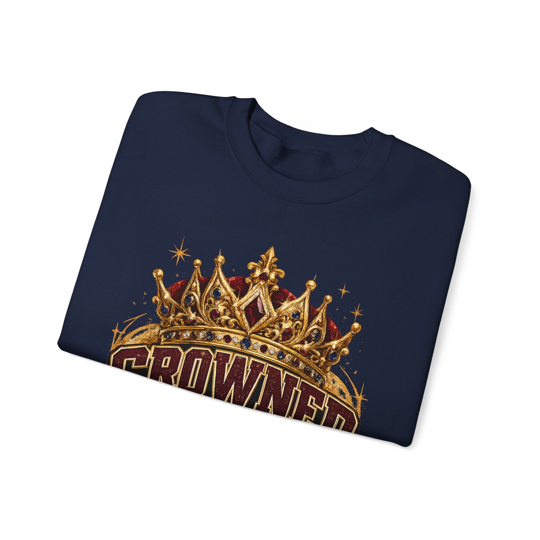 Crowned in Burgundy & Blue Crewneck Sweatshirt — Vintage Royal Crown Graphic