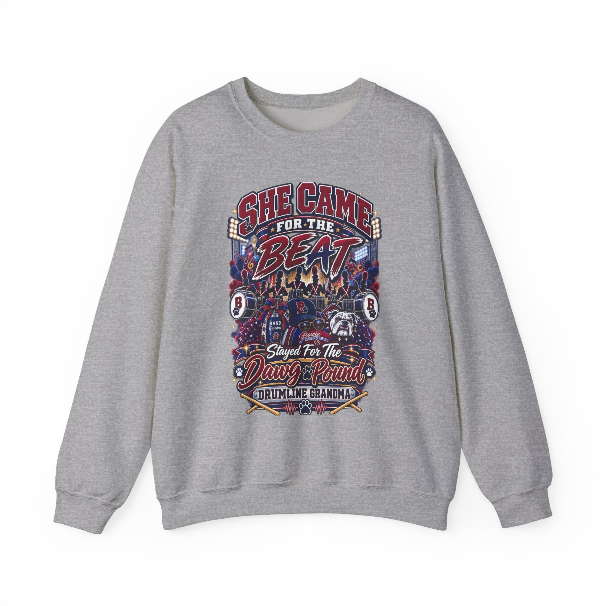 She Came for the Beat Crewneck Sweatshirt — Funny Drumline Grandma Graphic Pullover