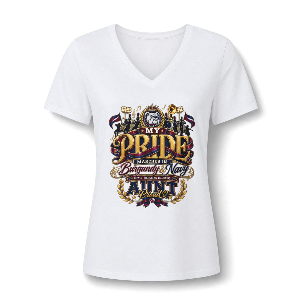 V-Neck Tee — “My Pride Marches in Burgundy & Navy” Aunt Military Family Shirt