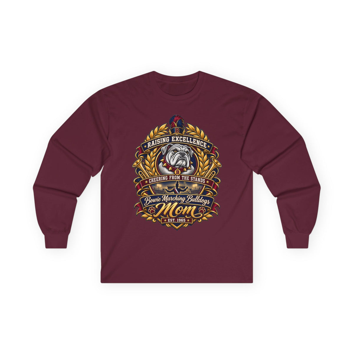 Bulldog Racing Mom Long Sleeve Tee — 'Raising Excellence' Vintage Crest