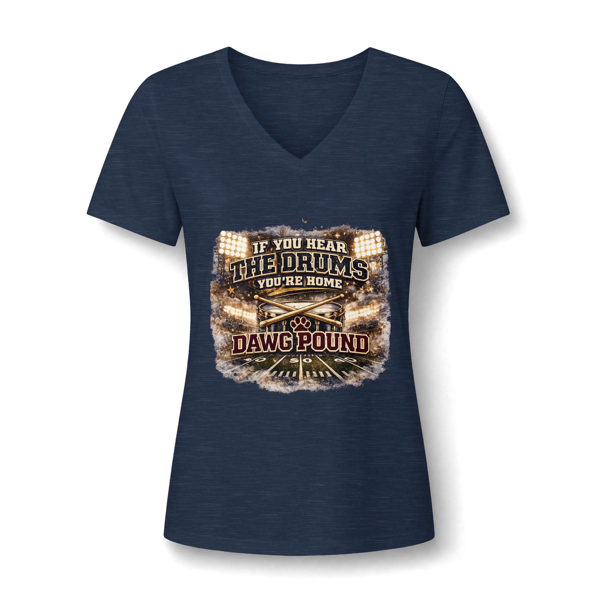 Dawg Pound Football V-Neck Tee — "If You Hear The Drums You're Home"