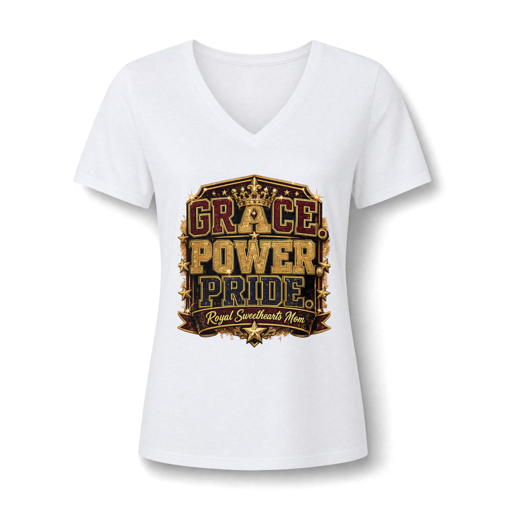 Grace Power Pride V-Neck Tee — "Royal Sweetheart Mom" Graphic Women's Shirt