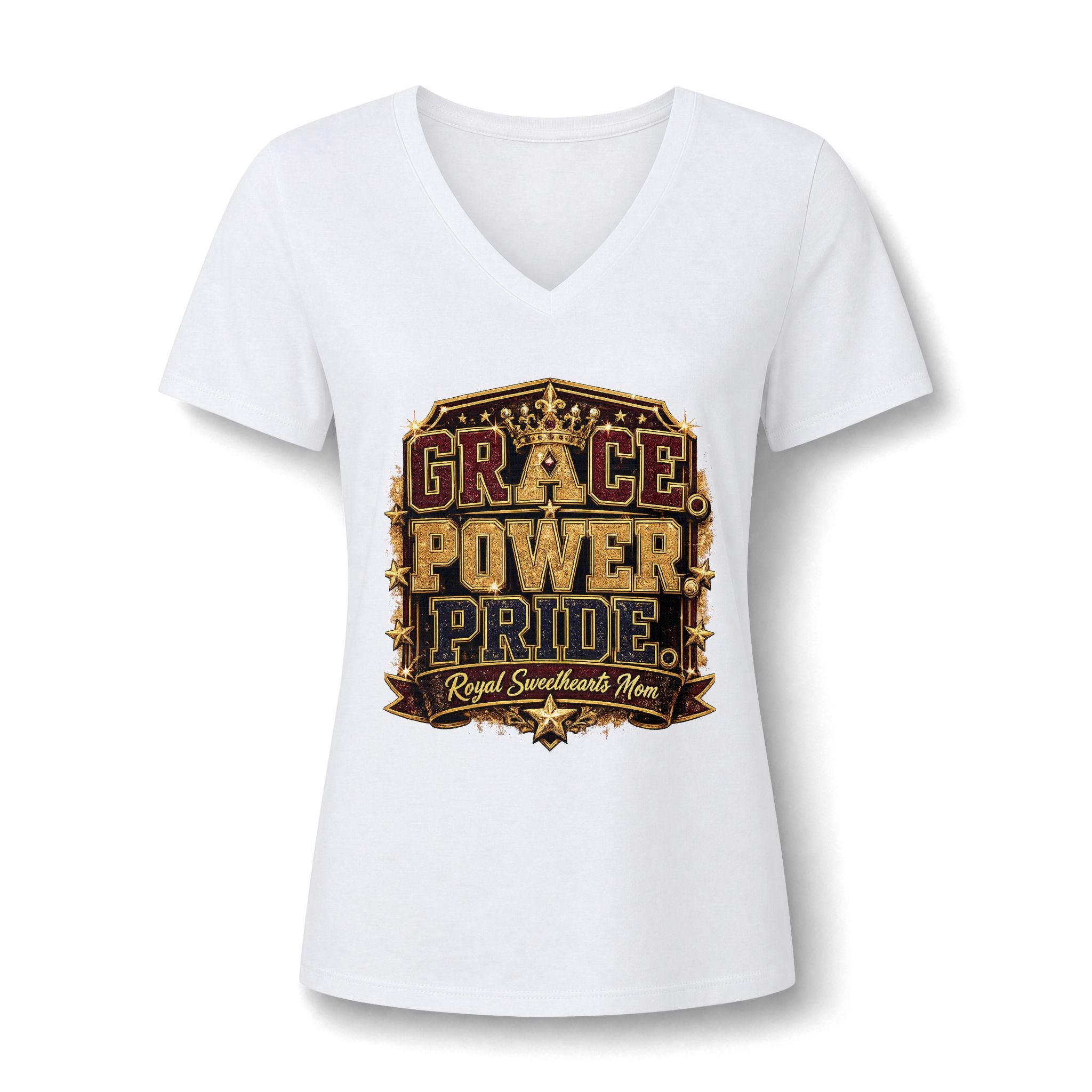 Grace Power Pride V-Neck Tee — "Royal Sweetheart Mom" Graphic Women's Shirt