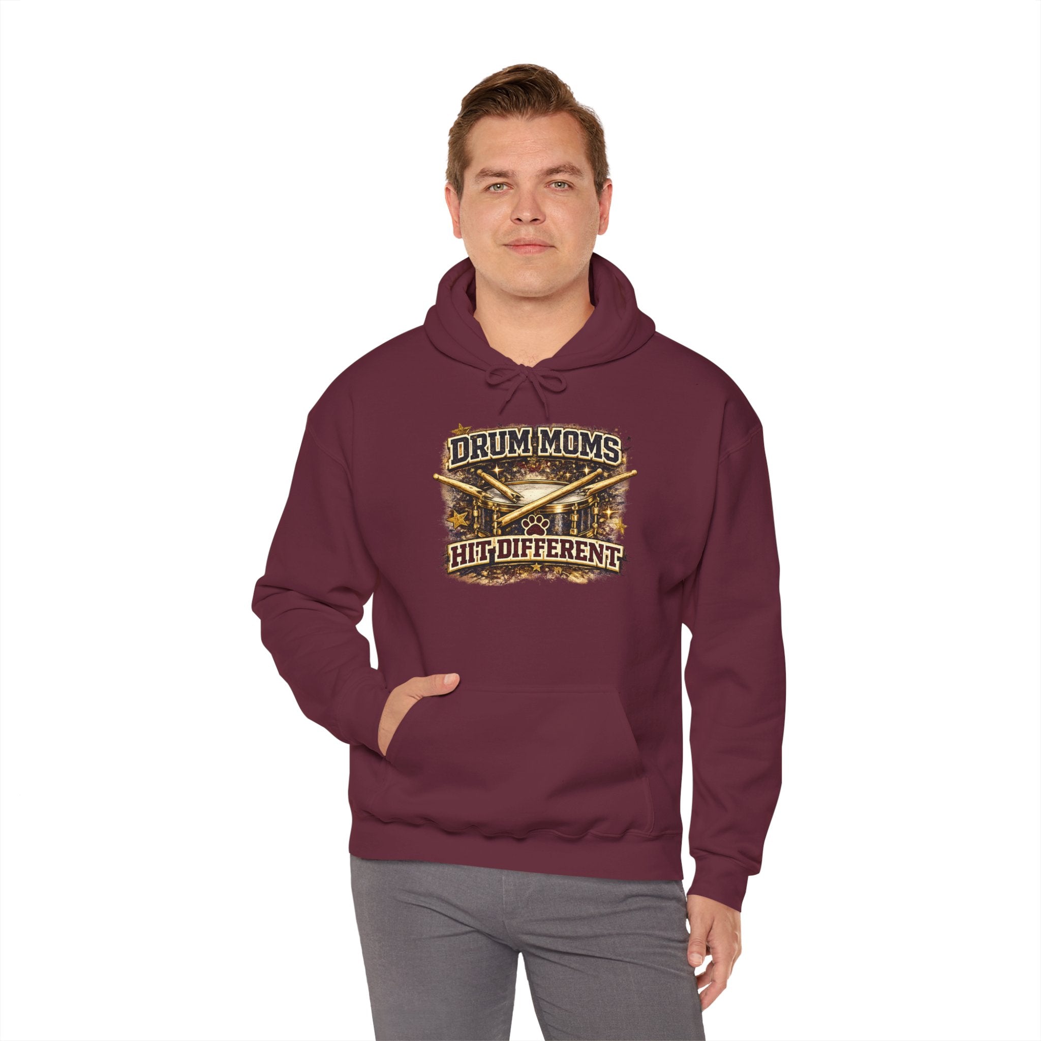 Drum Moms Hoodie - "Drum Moms Hit Different" Vintage Drumsticks Graphic
