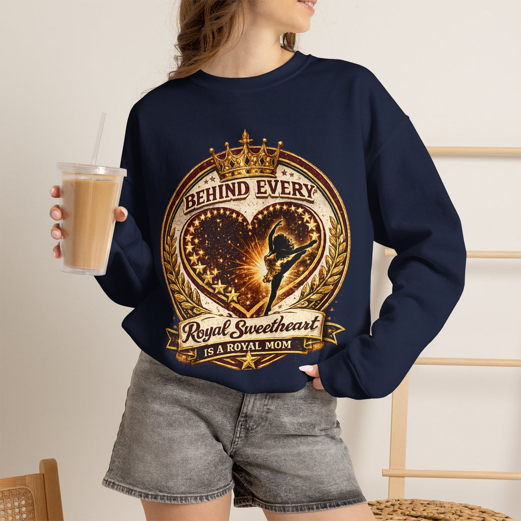 Crewneck Sweatshirt — "Behind Every Royal Sweetheart Is A Royal Mom" Vintage Heart Mom Pullover