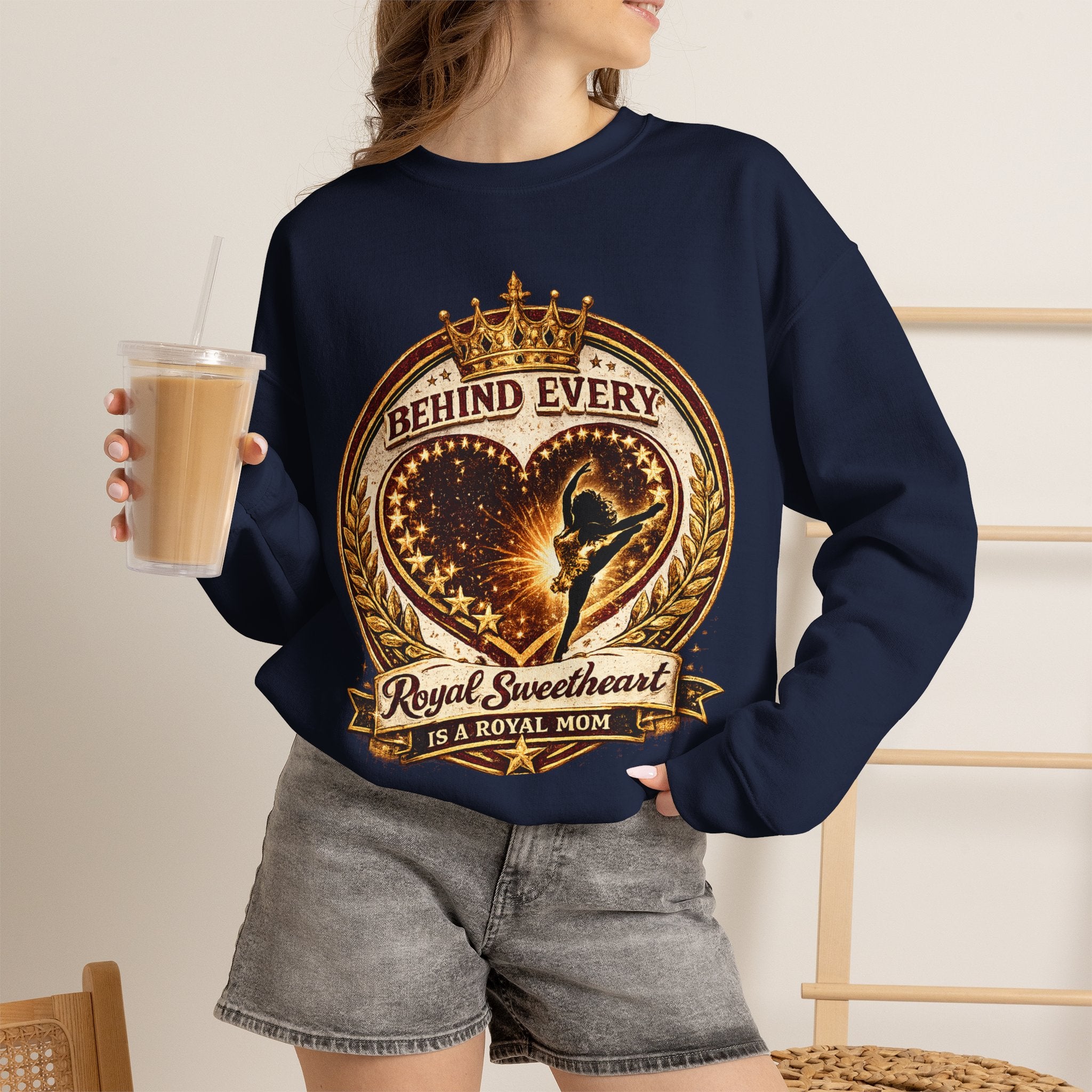 Crewneck Sweatshirt — "Behind Every Royal Sweetheart Is A Royal Mom" Vintage Heart Mom Pullover
