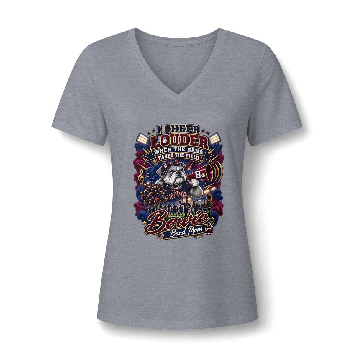 Women's V-Neck Tee — 'Cheer Louder' Bulldog Bowling Team Graphic Shirt